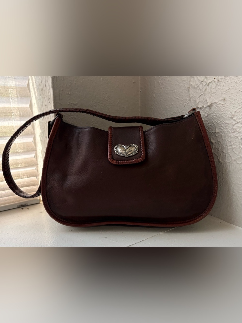 Vintage 90s FOSSIL Brown Leather Shoulder Bag Handbag Purse Woven Handle